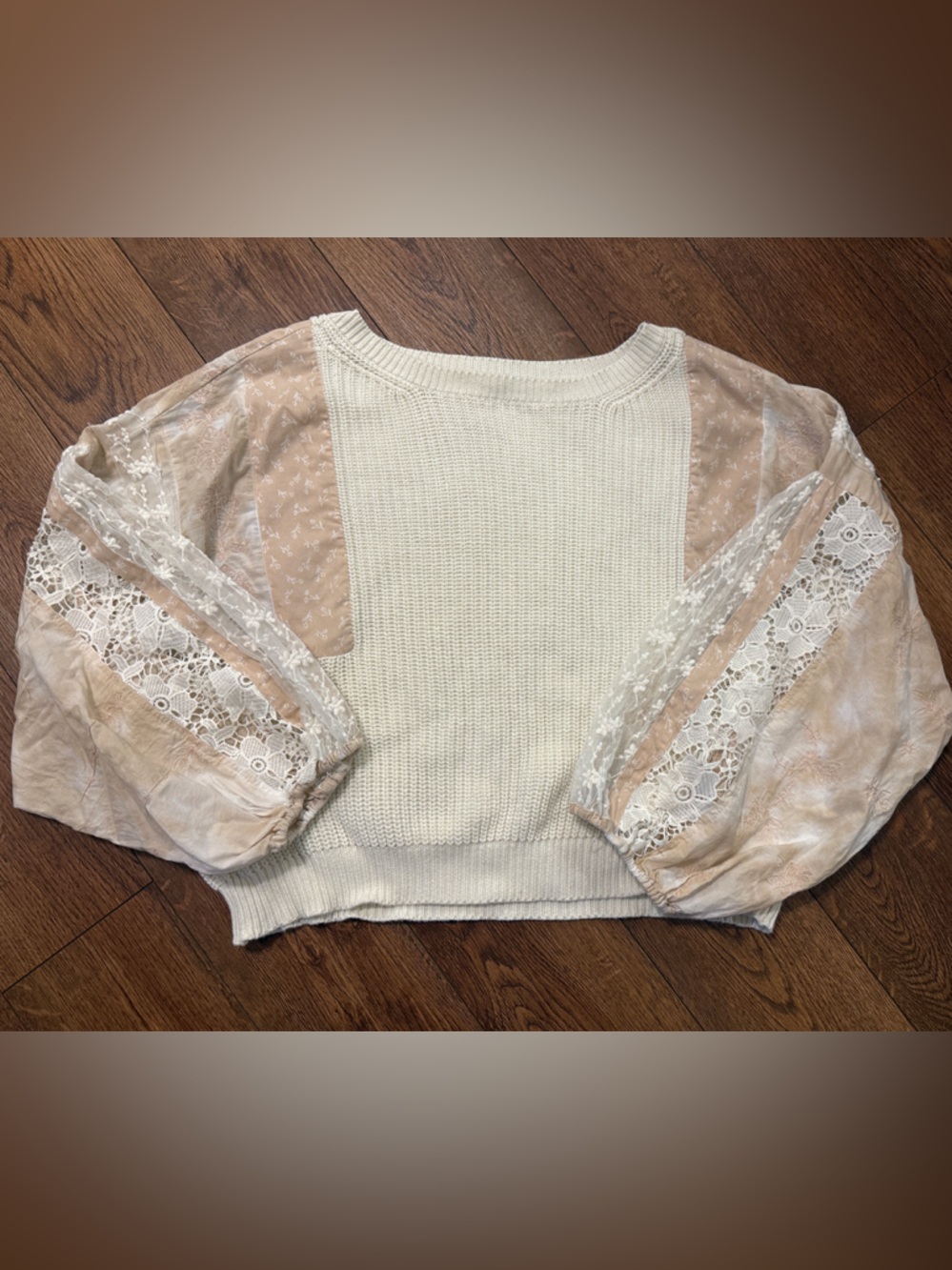 Pilcro Cream Sweater with Blush Lace Puff Sleeves
